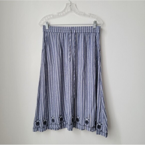 WESPORT Flowy A-Line Skirt Blue Striped White Embroidered Size Medium - Picture 2 of 10